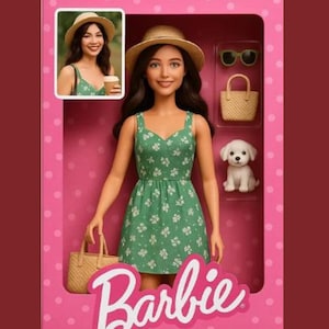 May include: A Barbie doll in a pink box. The doll wears a green floral dress, a straw hat, and carries a woven handbag. Accessories include sunglasses, a matching handbag, and a small white puppy. The Barbie logo is displayed on the box.
