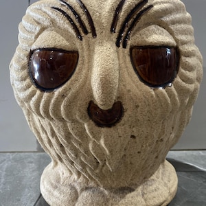 May include: A beige ceramic owl-shaped planter with brown eyes and accents. The owl has a textured surface and a detailed face, including a beak and feathered details. The planter is designed to hold plants or flowers.