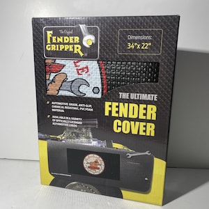 May include: A black box featuring a Fender Gripper fender cover. The box displays the text "The Ultimate Fender Cover" and "Dimensions: 34" x 22". The cover is automotive grade, anti-slip, and made of PVC foam material.