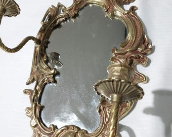 Antique Art Nouveau Solid Polished Brass 2 Candle Mirror Sconce 18"x10" Rare!