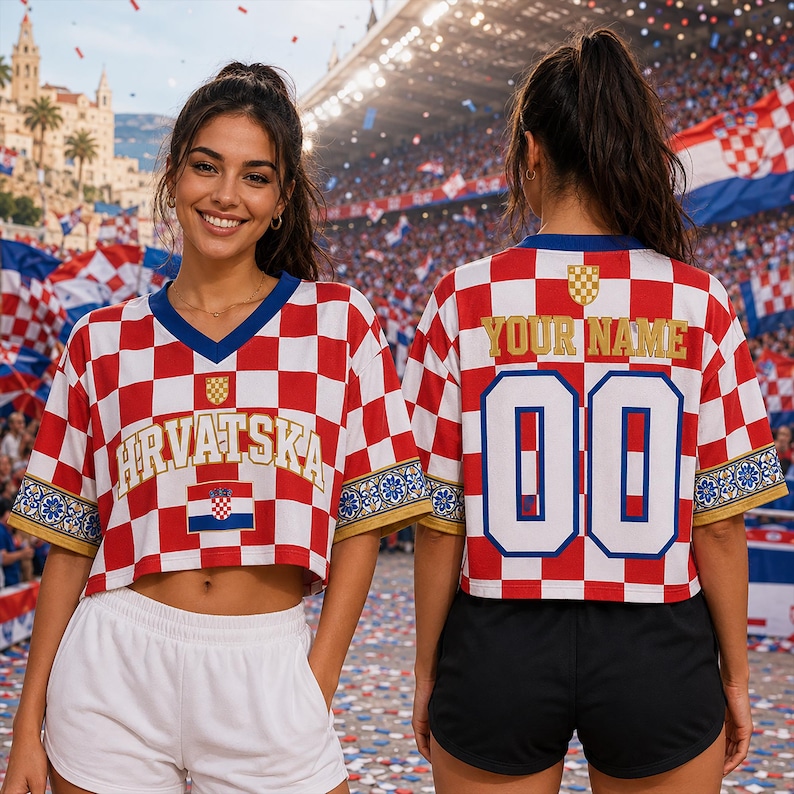 Pu&ograve; includere: Una maglia corta a scacchi rossi e bianchi con bordi blu e dettagli dorati. La parte anteriore presenta la scritta HRVATSKA e una piccola bandiera. Il retro mostra il testo YOUR NAME sopra il numero 00 in grandi cifre blu e bianche.