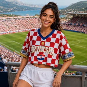 Pu&ograve; includere: Un top corto con scollo a V a scacchi rossi e bianchi con la scritta HRVATSKA in lettere dorate, un piccolo stemma croato e polsini delle maniche con motivi floreali blu e oro, abbinato a pantaloncini bianchi semplici.