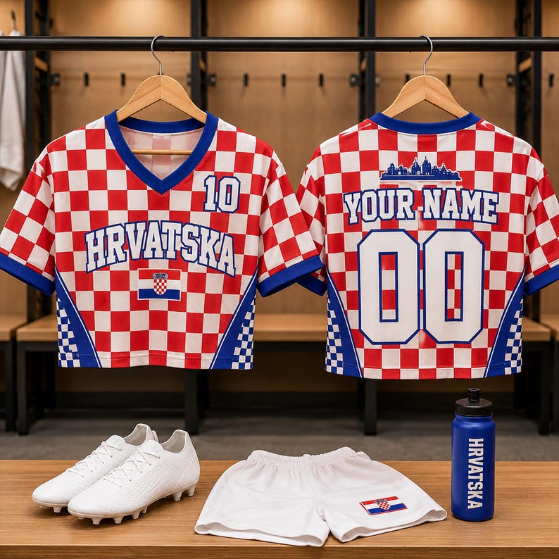 Puede incluir: Dos camisetas de manga corta con patr&oacute;n de cuadros rojos y blancos, bordes azules, el texto HRVATSKA y 10 al frente, y YOUR NAME y 00 en la espalda. Incluye pantalones cortos blancos con una peque&ntilde;a bandera croata y una botella azul.