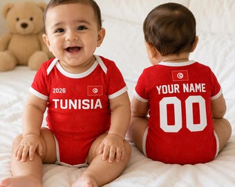Personalisierte Tunesien Baby Bodysuit, Name Fußball Baby Outfit, Tunesien Fan Geschenk, Neugeborene Sport Jersey