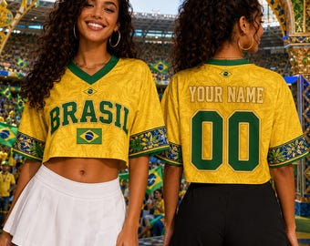 Koszulka piłkarska damska Brasil z krótkim topem, spersonalizowana koszulka z imieniem i numerem, spersonalizowana koszulka piłkarska Brasil z krótkim topem, patriotyczny strój na mecz