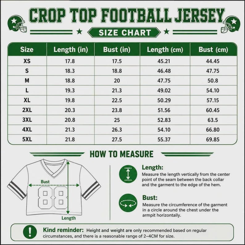 Puede incluir: Una tabla de tallas para una camiseta de f&uacute;tbol tipo crop top con texto y bordes verdes sobre fondo blanco. Incluye una tabla con tallas de XS a 5XL con medidas de largo y busto en pulgadas y cent&iacute;metros, adem&aacute;s de un diagrama de medici&oacute;n.