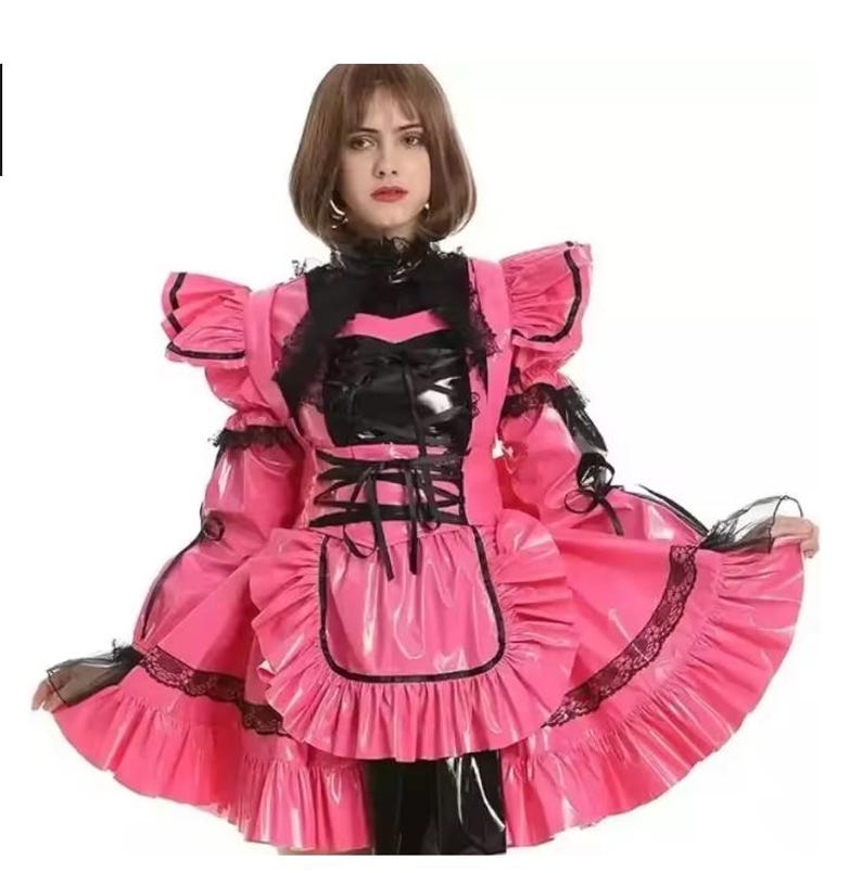 Pvc Ruffle Suit Maid Sissy Girl Can Lock Pink PVC Bow Multi-layer Ruffle Edge Dress ...