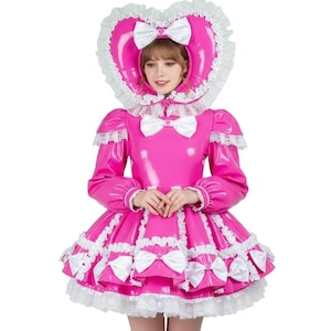 Vestido de sirvienta rosa de PVC con sombrero de encaje, uniforme de cosplay