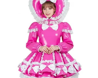 Pink PVC Sissy Maid Dress with Lace Hat, Cosplay Uniform Dress