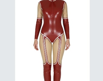 LATEX ラバーキャットスーツ ネックエントリー マスク シース付き