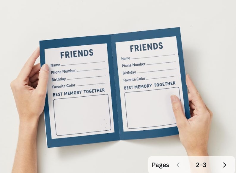 May include: A blue and white fill-in-the-blank friendship book. The book is open, revealing two pages with the word "FRIENDS" at the top, followed by prompts for name, phone number, birthday, favorite color, and best memory.