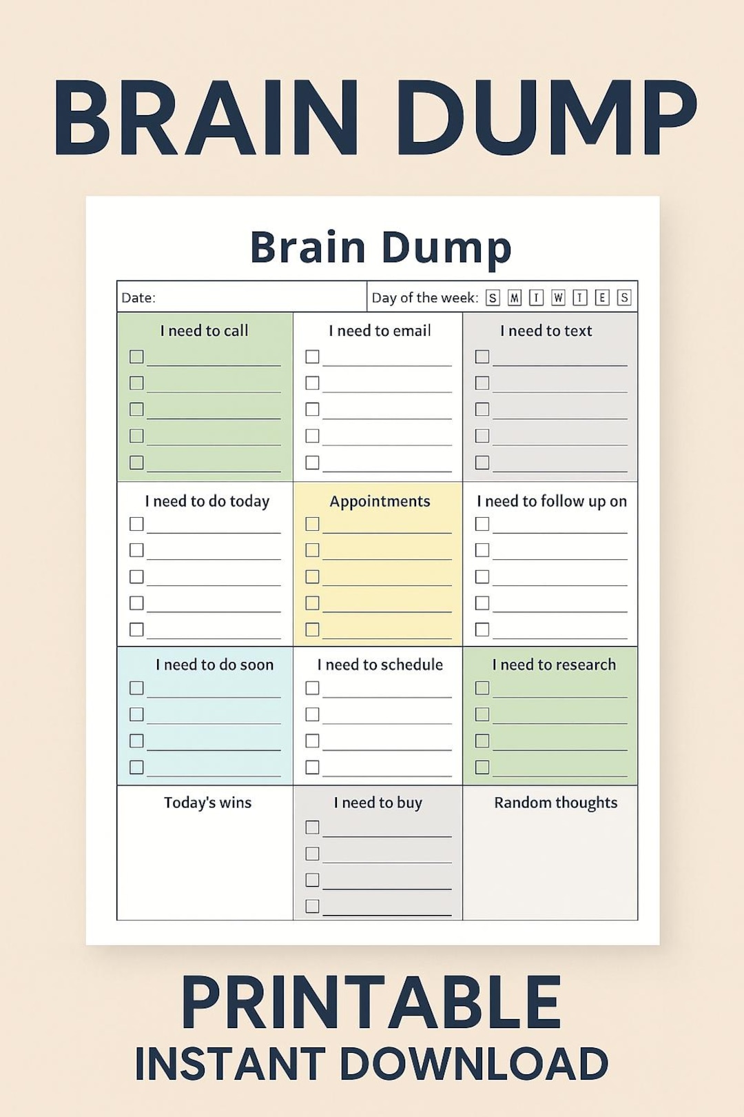 Brain Dump Worksheet Printable PDF | Productivity Planner Page | Mind ...