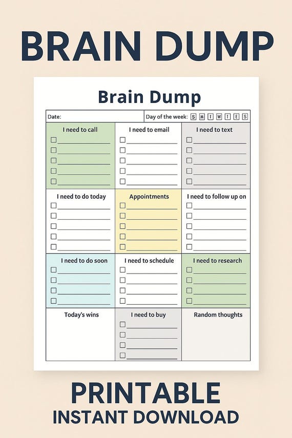 Brain Dump Worksheet Printable PDF | Productivity Planner Page | Mind Declutter Organizer | Instant Download