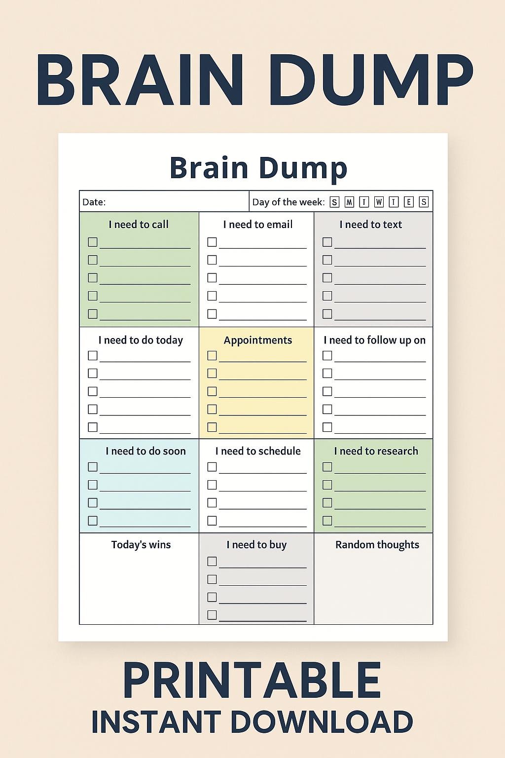 Brain Dump Worksheet Printable PDF | Productivity Planner Page | Mind ...