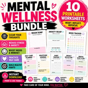 May include: A bundle of 10 printable mental wellness worksheets. The design features a pink and white color scheme with text such as "Mental Wellness Bundle", "Clear Your Thoughts", and "Reduce Stress & Anxiety". Includes a mood tracker and self-care planner.
