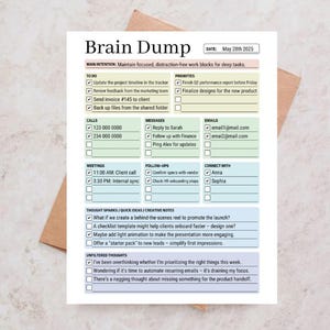 May include: A white Brain Dump task planner sheet with a date of May 28th 2025. The document features color-coded sections for To Do, Priorities, Calls, Messages, Emails, Meetings, Follow-ups, Connect With, Thought Sparks, and Unfiltered Thoughts.