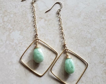 Amazonite Earrings  Long Earrings - Diamond Earrings- Healing Gemstone Earrings - Dangle Earrings - Gold Fill or Sterling Silver - Whimsical