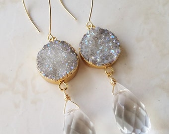 Druzy Earrings - Crystal Earrings - Drop earrings - Long Earrings - Gold Filled Earrings - Boho Bride - Druzy Jewelry - Bridal Jewelry