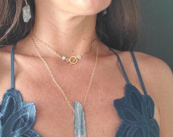 Kyanite Necklace, Kyanite Pendant, Long Necklace, Wrap Necklace, Layered Necklace, Sterling Silver Necklace, Gold chain, Copper necklace