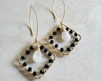 Black & White Earrings, Gold Earrings, Geometric Earrings, Moonstone Earrings, Black Onyx  Earrings, Healing Stone Jewelry, Long Earrings