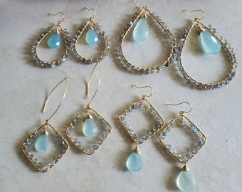 Labradorite Earrings, Gold Earrings, Blue Chalcedony,Gemstone Beaded Earrings, Teardrops, Diamonds, Wire wrapped, Blue & Gray,Healing Stones