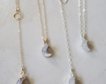 Crescent Moon Necklaces, Lariat Necklace, Druzy necklace, Crystal Moon, Cosmic Collection, Drop Necklace, Choker Necklace, Druzy Moon, Boho