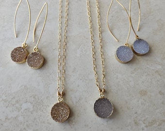 Druzy Earrings, Druzy Necklaces, Necklace Sets, Earring sets, round crystal druzy, gold druzy, long drop earrings, gold earrings, chokers