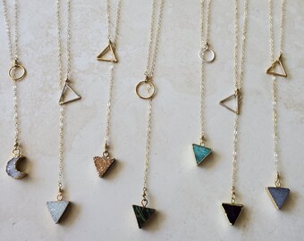 Lariat Necklace, Triangle Necklace, Druzy necklace, Cosmic Collection, Drop Necklace, Tribal Chic, Geometric Jewelry, Triangles, Gemstones