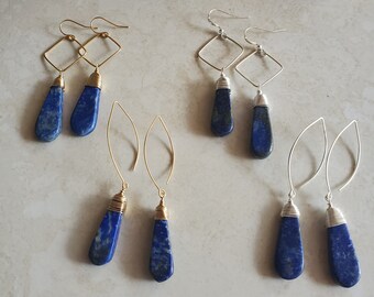 Lapis Earrings, Lapis Lazuli, Drop earrings, Gold, Silver, Vermeil, Gemstone earrings, Diamond Earrings, Geometric Earrings, Long earwires