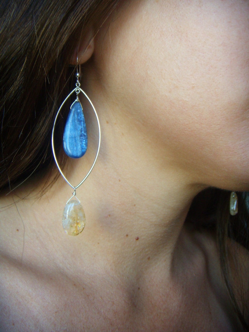 Blue Yellow Earrings Blue Gold Earrings Gray Yellow Earrings Gemstone Dangle Earrings Sterling Silver Marquise image 2