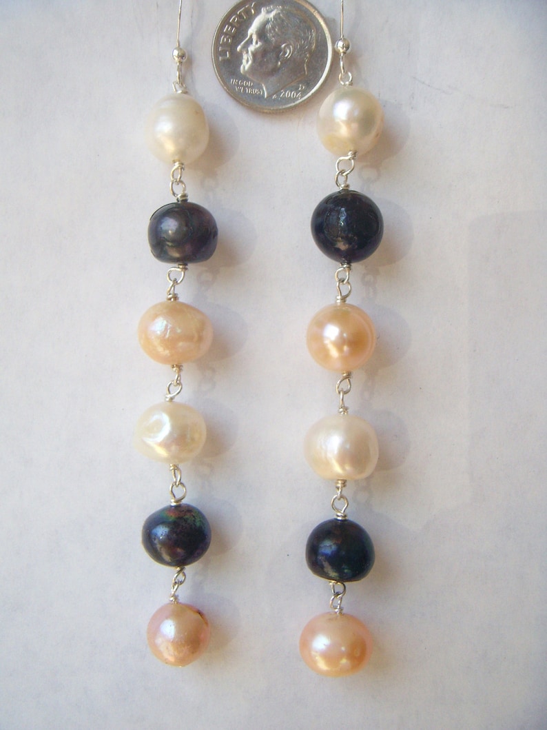 Long Dangle Earrings- Natural Black Pearls - Large Pearls Drop Earrings - Sterling Silver 画像 2