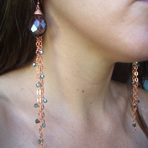 Copper Chain Earrings Smoky Quartz Earrings Extra Long Dangle Earrings Copper Earrings Crystal Accents image 1