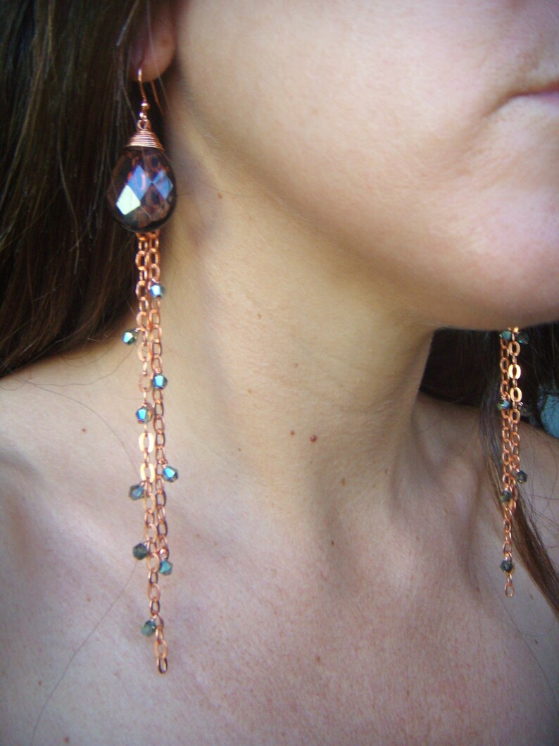 Copper Chain Earrings Smoky Quartz Earrings Extra Long Dangle Earrings Copper Earrings Crystal Accents image 1