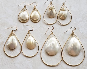 Mother of Pearl Earrings, Shell Earrings, Bold Earrings, Teardrop Earrings - Gold Filled Vermeil - Boho Bride , Classic, Bold,  4 Sizes