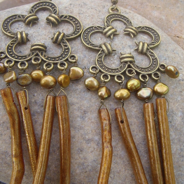Gladiator Gold Earrings - Long Dangle Earrings - Brass Chandelier Earrings - Pearl & Coral Earrings - Handmade