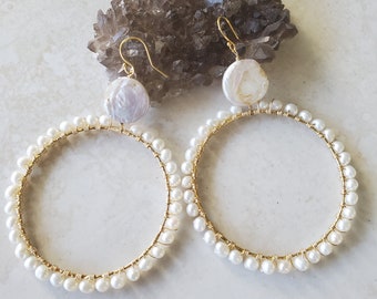 Pearl Earrings, Hoop Earrings, Statement earrings, Wire wrapped earrings, freshwater pearls, Candy Collection, large hoops, dangle earrings