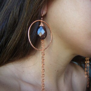 Copper Hoop Chain Earrings Smoky Quartz Earrings Long Dangle Earrings Hammered image 2