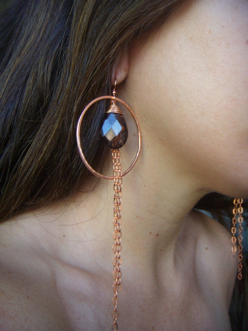 Copper Hoop Chain Earrings Smoky Quartz Earrings Long Dangle Earrings Hammered image 2