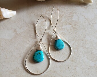 Turquoise Earrings - Sterling Silver Earrings - Long Earrings - Handmade Earrings - Teardrop Earrings - Wire Wrapped Earrings - Turquoise