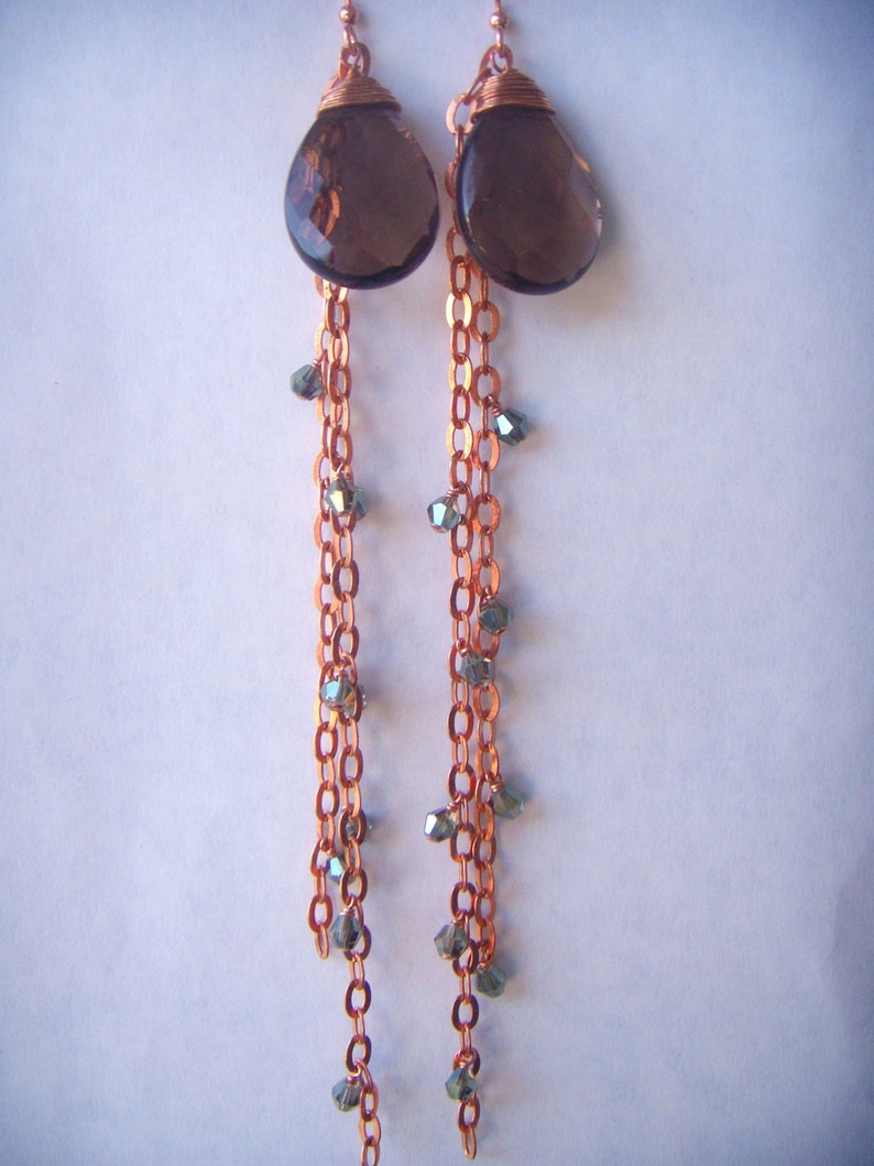 Copper Chain Earrings Smoky Quartz Earrings Extra Long Dangle Earrings Copper Earrings Crystal Accents image 4