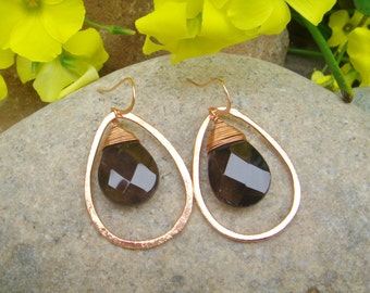 Smoky Quartz Earrings - Hammered Copper Earrings - Teardrop Earrings - Small Dangle Earrings