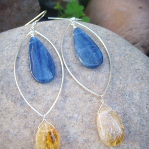 Blue Yellow Earrings Blue Gold Earrings Gray Yellow Earrings Gemstone Dangle Earrings Sterling Silver Marquise image 1