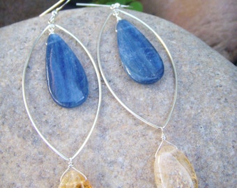 Blue Yellow Earrings - Blue Gold Earrings - Gray Yellow Earrings -Gemstone Dangle Earrings -Sterling Silver Marquise