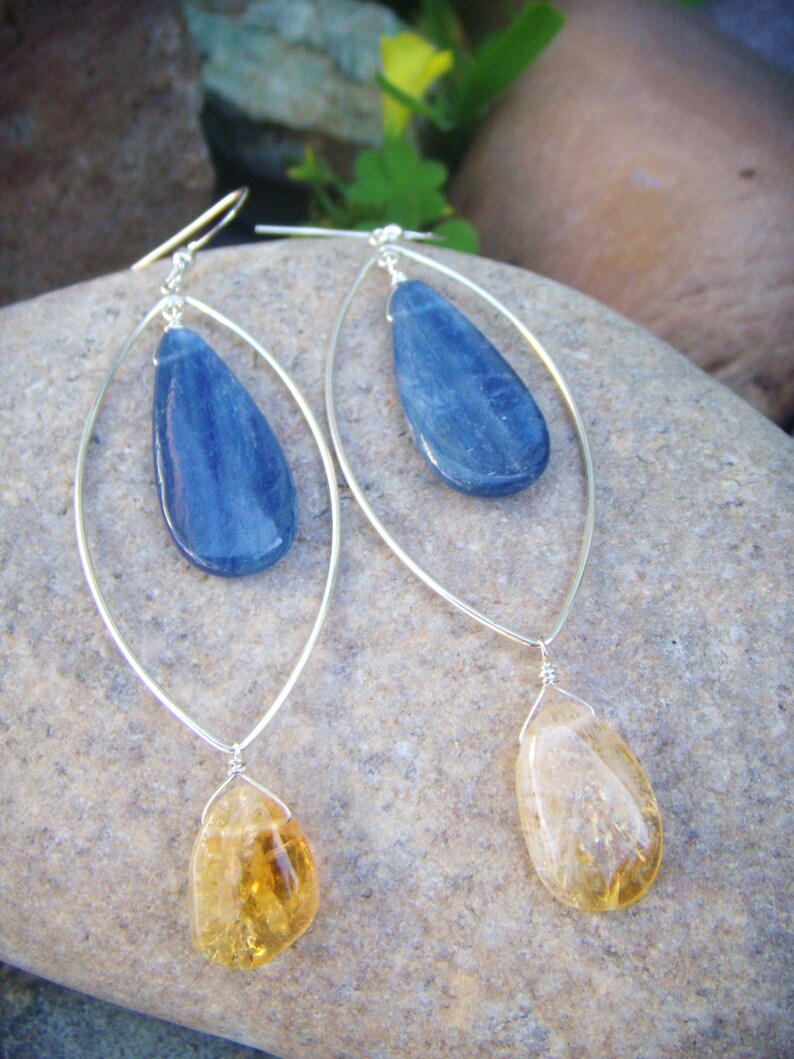 Blue Yellow Earrings Blue Gold Earrings Gray Yellow Earrings Gemstone Dangle Earrings Sterling Silver Marquise image 1