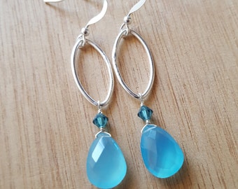 Blue Earrings - Chalcedony - Small Dangle Earrings - Sterling Silver earrings - Drop Earrings - Oval Earrings - Handmade Earrings - Gemstone