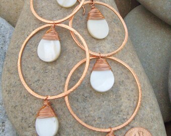 Large Dangle Earrings - Hammered Copper Hoop Earrings - Mother of Pearl - Shell