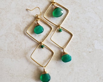 Green Onyx Earrings, Gold Earrings, Double Diamond earrings, Gold Filled Vermeil, Gemstone earrings, Geometric, Long, Green & Gold, Healing