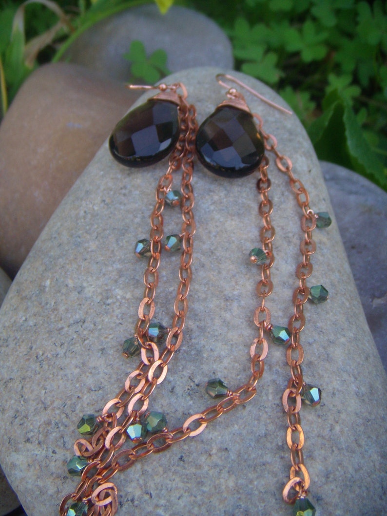 Copper Chain Earrings Smoky Quartz Earrings Extra Long Dangle Earrings Copper Earrings Crystal Accents image 5