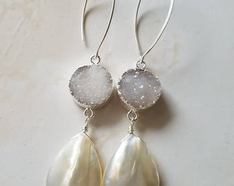 Pearl Drop Earrings - Druzy Earrings - Mother of Pearl earrings - Sterling Silver - Long Earrings- Agate Jewelry - Boho Bride - White Druzy