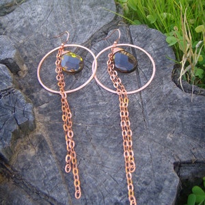 Copper Hoop Chain Earrings Smoky Quartz Earrings Long Dangle Earrings Hammered image 3